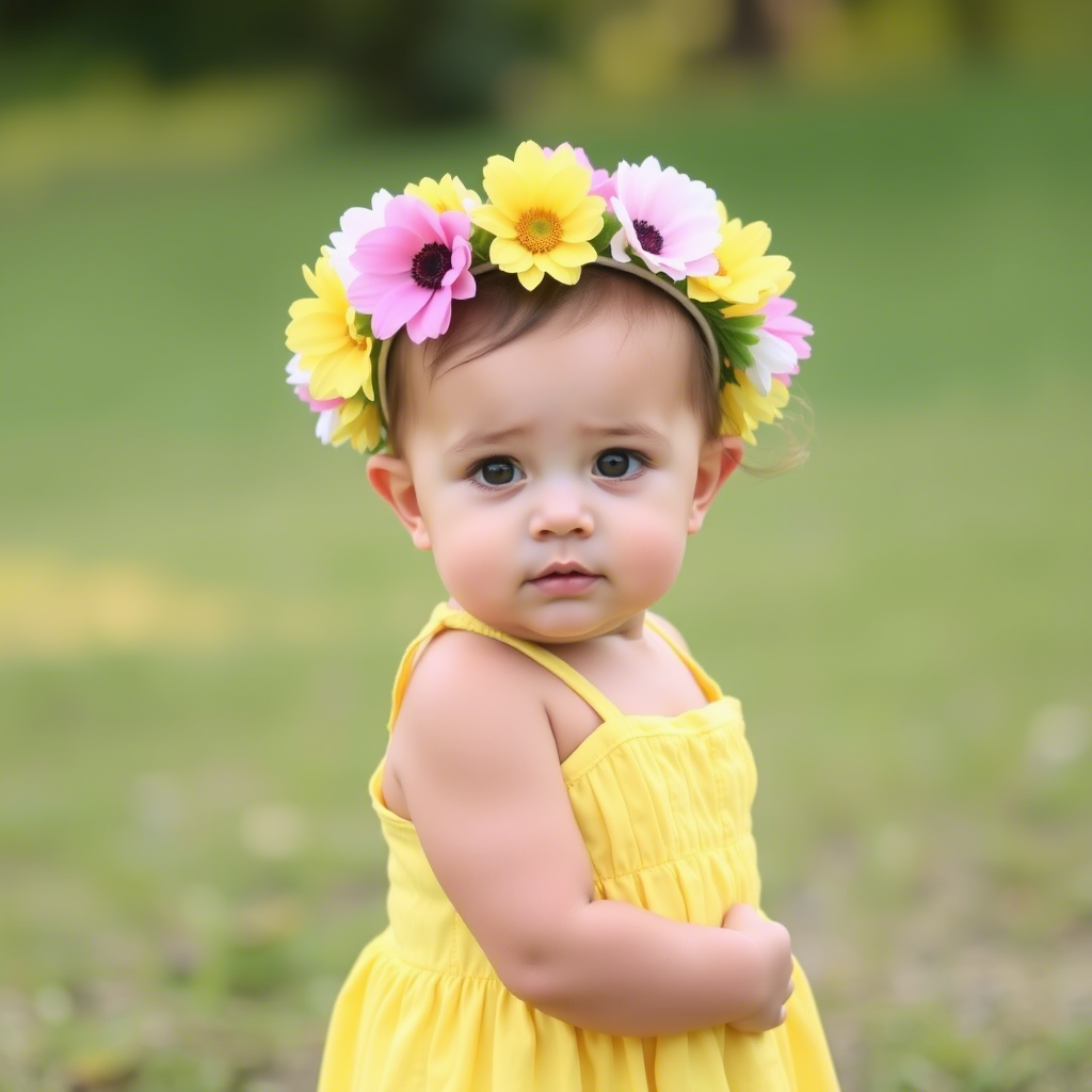 Cute toddler in yellow sundress and flower crown