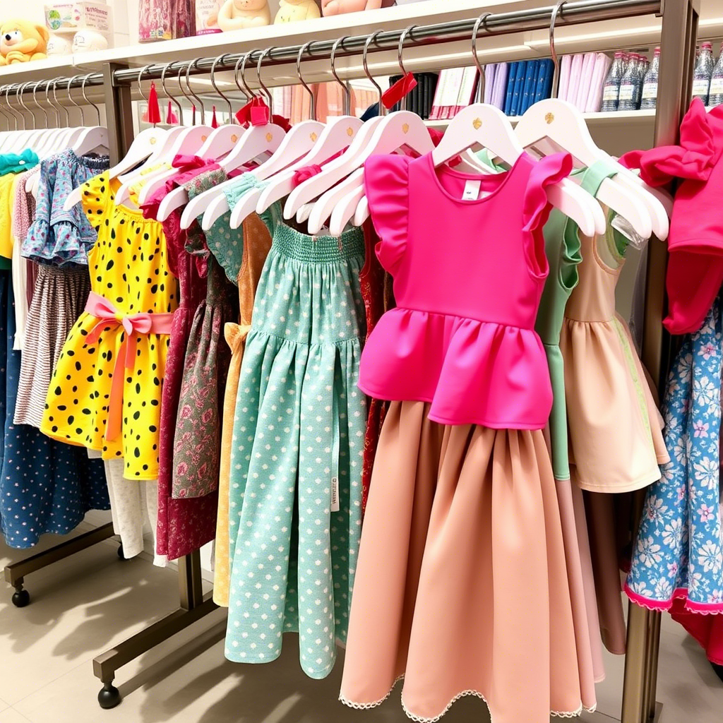 Cute toddler outfits displayed on a boutique rack with colorful dresses