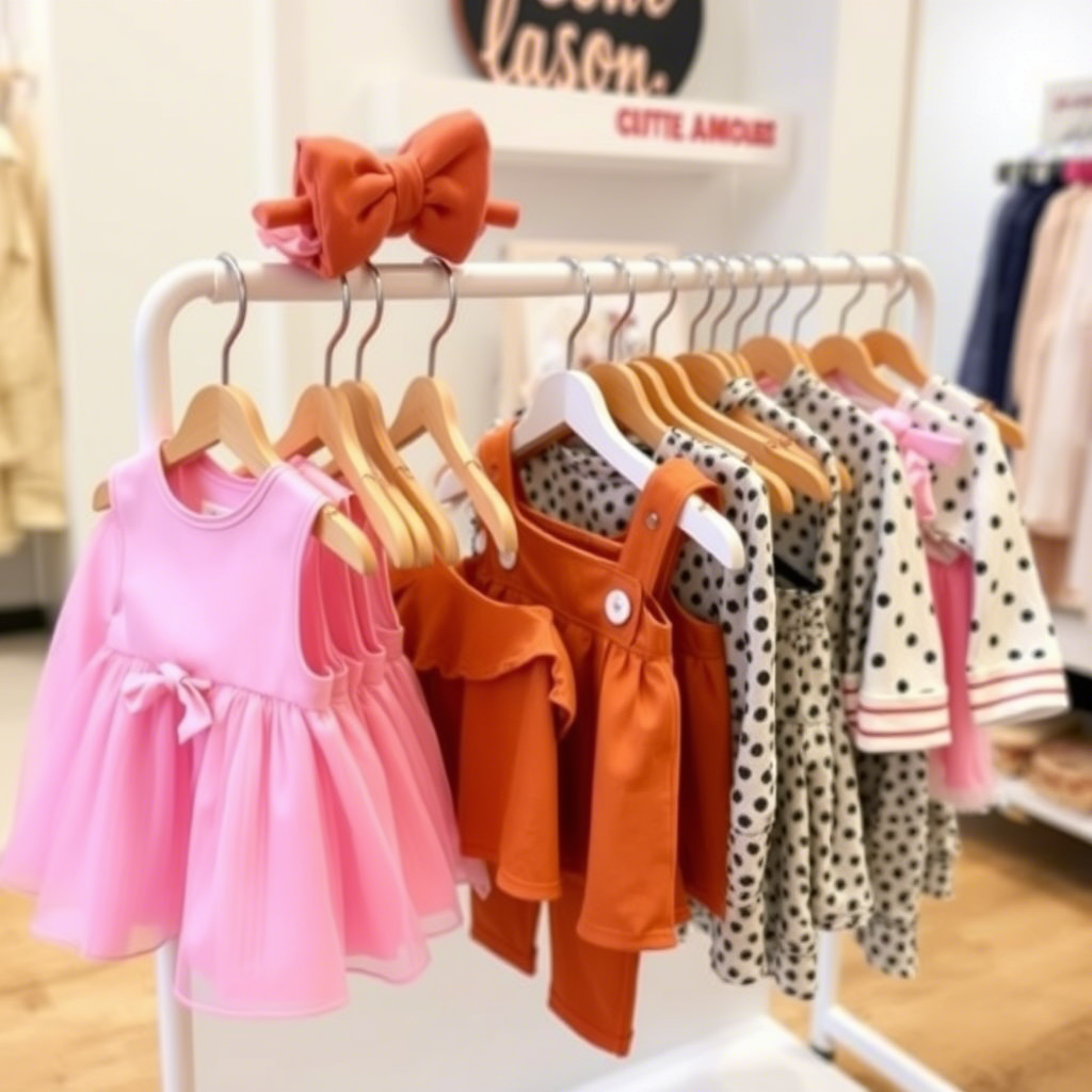 Cute toddler outfits displayed on a boutique store rack