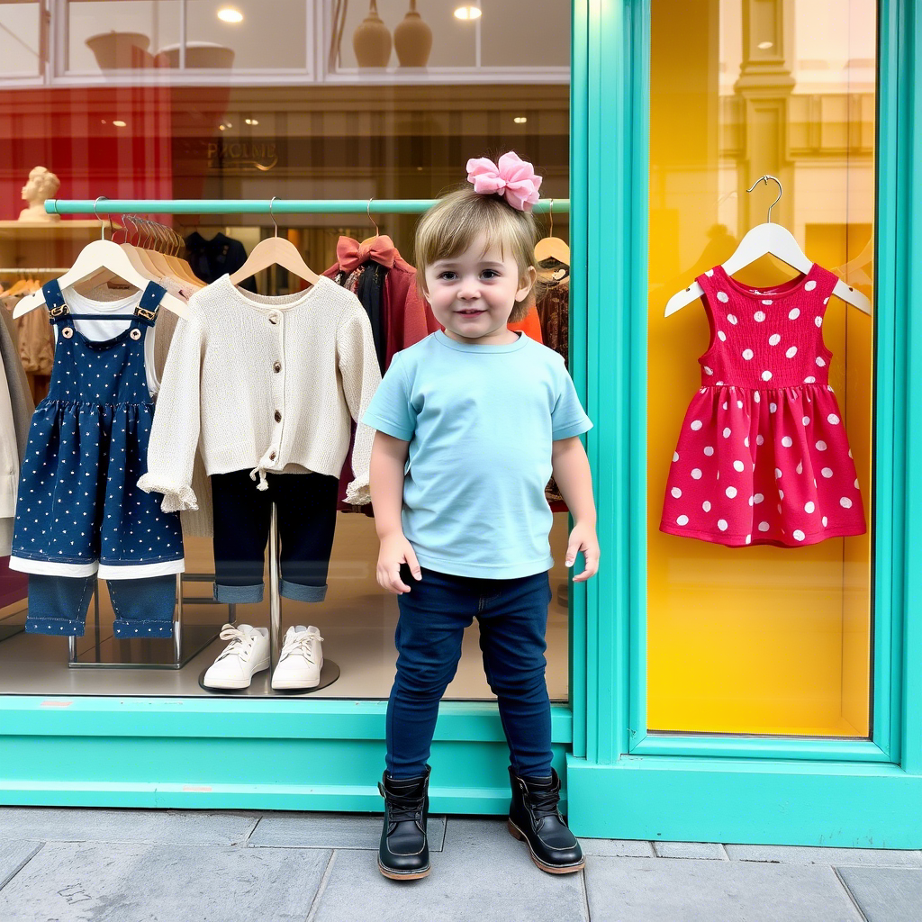 Cute toddler outfits displayed on a colorful online storefront
