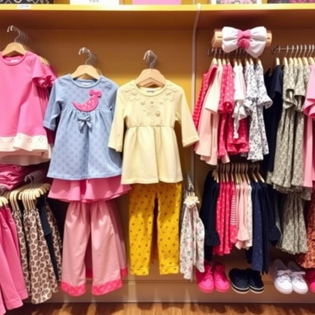 Cute toddler outfits stacked on shelves in a colorful store