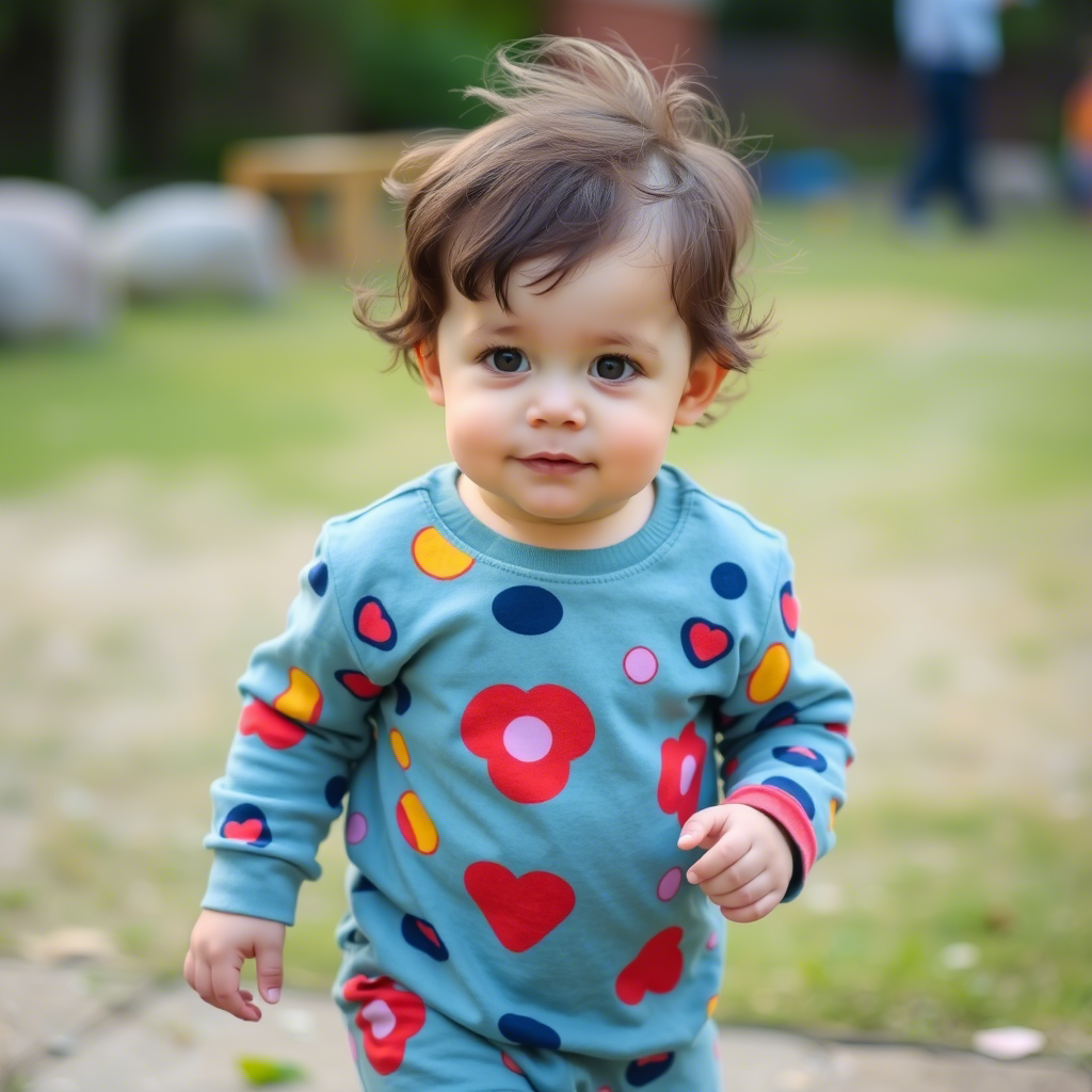 Cute toddler wearing colorful clothes in a playful outdoor setting