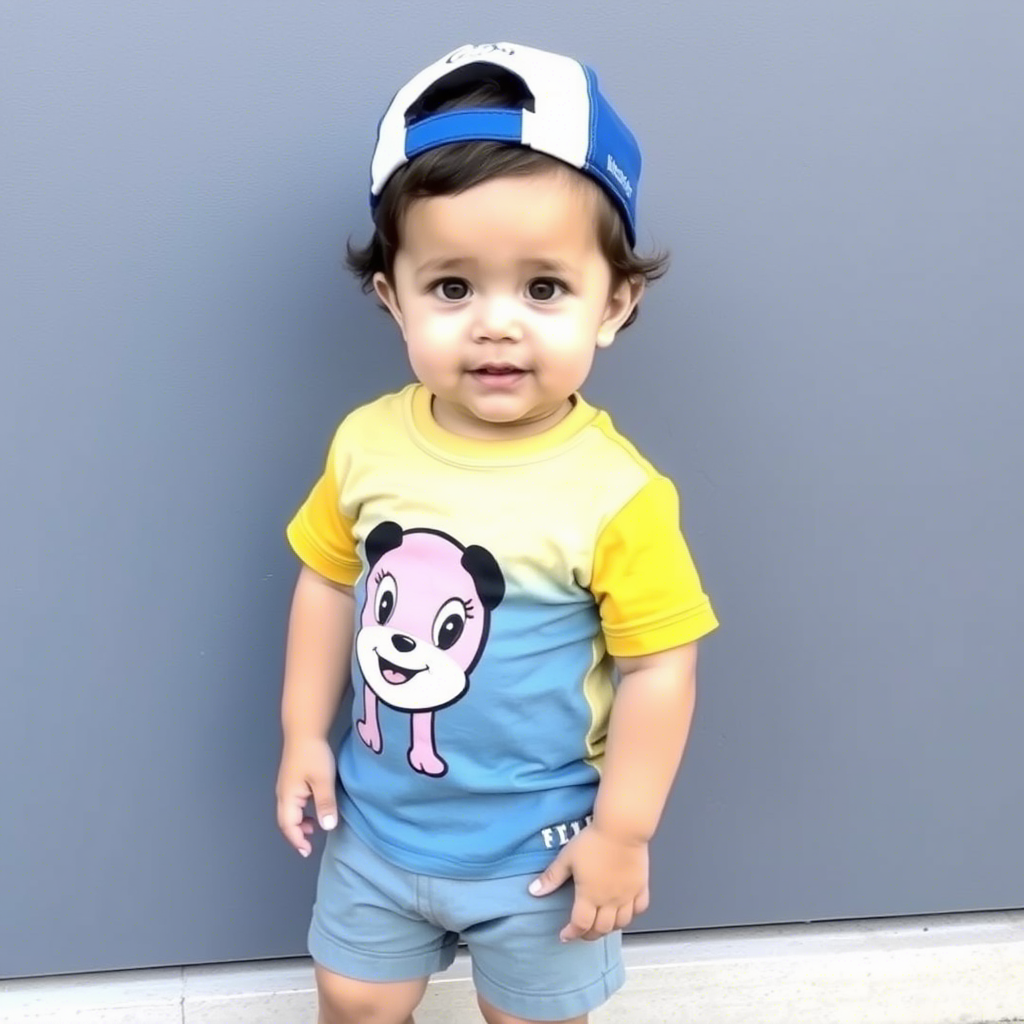 Cute toddler wearing custom cartoon character t-shirt and shorts