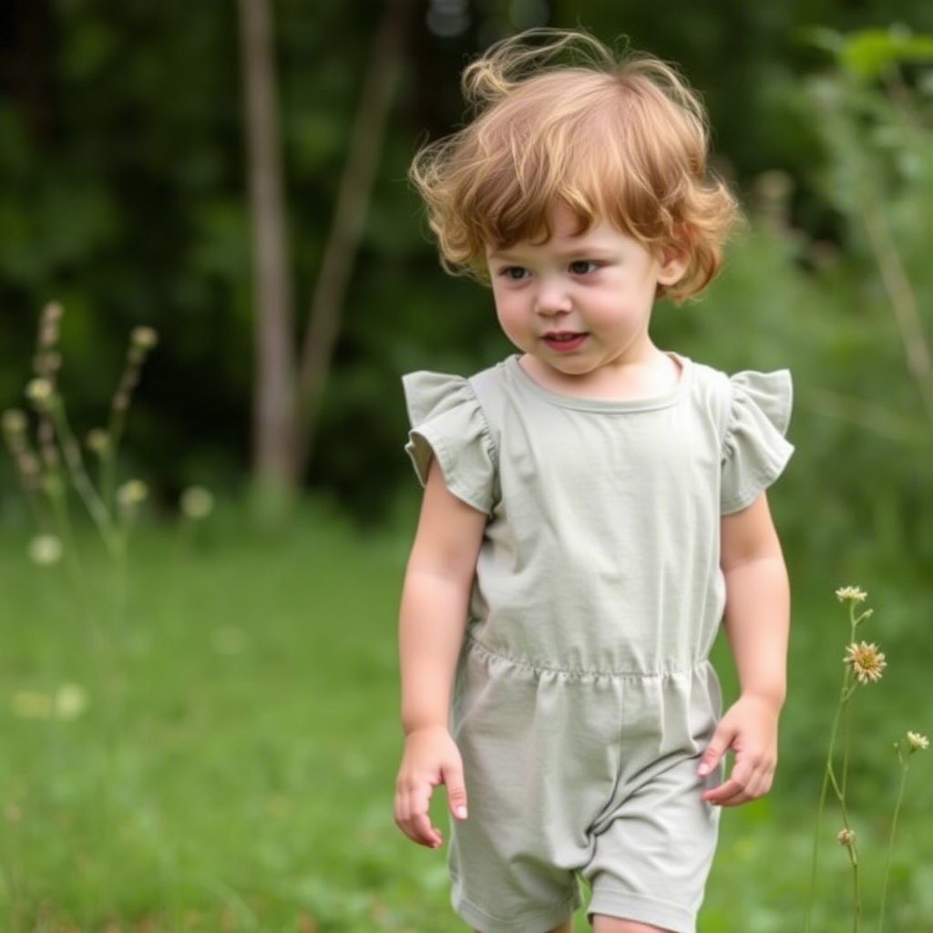 Cute toddler wearing organic cotton romper outdoors