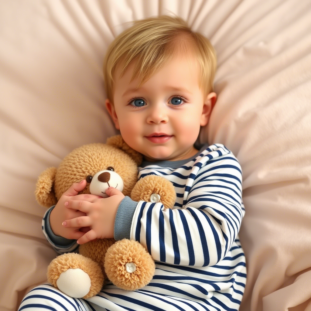 Cute toddler wearing striped sleepwear snuggled up with a teddy bear