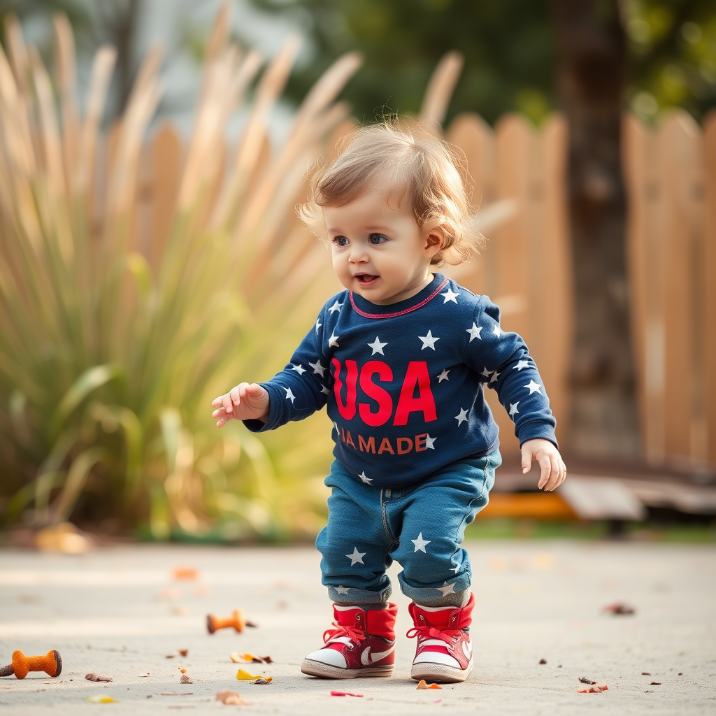 Cute toddler wearing USA-made clothes playing outside