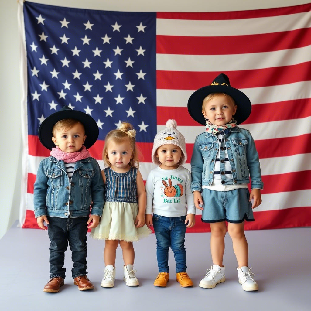Cute toddlers dressed in trendy outfits standing in front of a USA flag backdrop