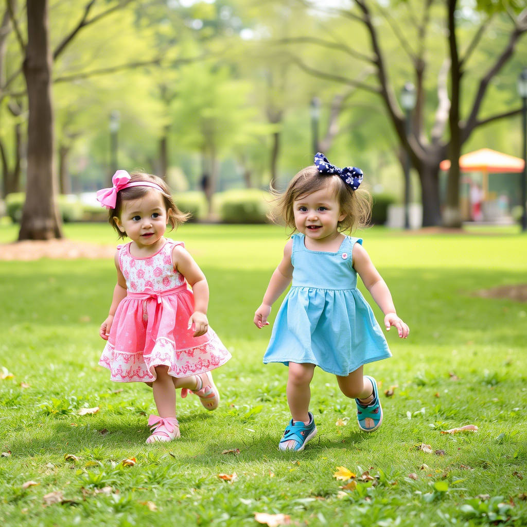 Cute toddlers in colorful outfits playing at a park