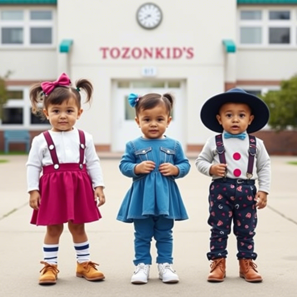 Cute toddlers in Lezonkids outfits standing in front of a school building