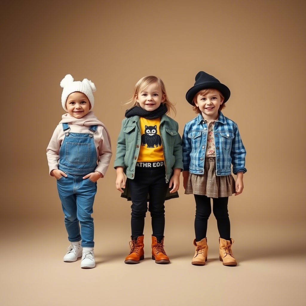 Cute toddlers modeling trendy outfits in a fashion studio