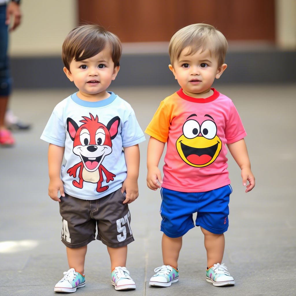 Cute toddlers wearing colorful cartoon character t-shirts and shorts