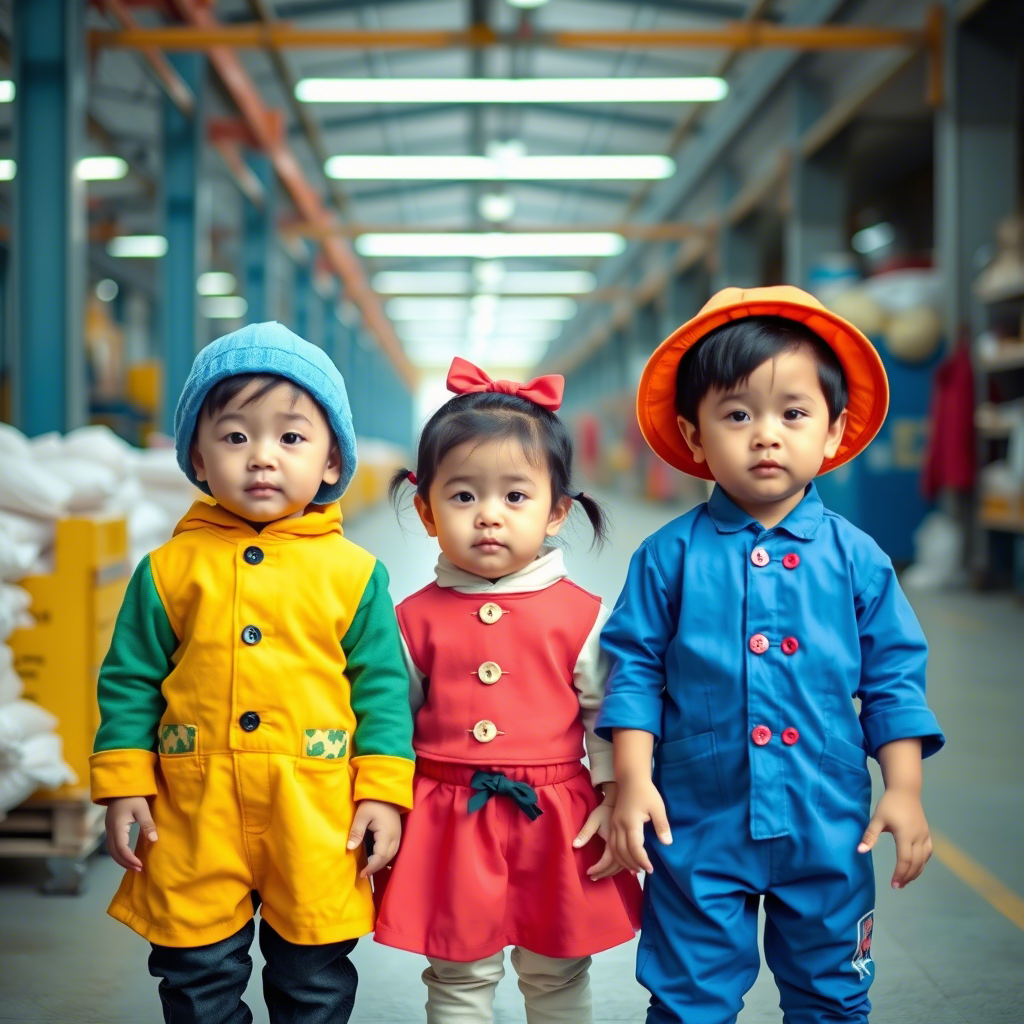 Cute toddlers wearing colorful outfits in a Chinese factory setting