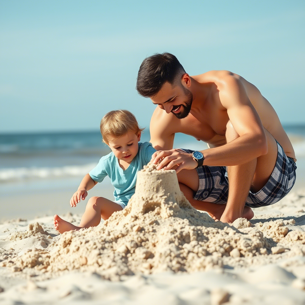 Dad and child building a sandcastle together at beach
