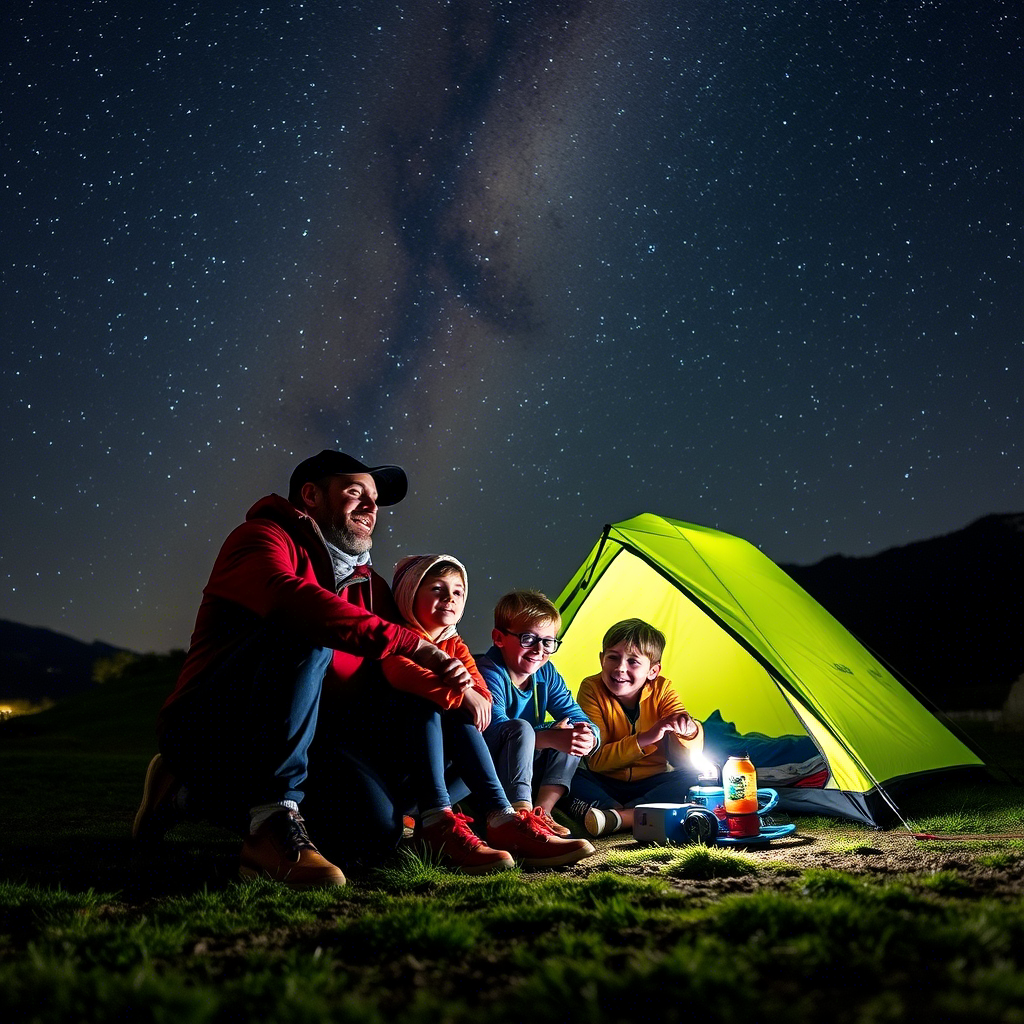 Dad and kids camping under starry night