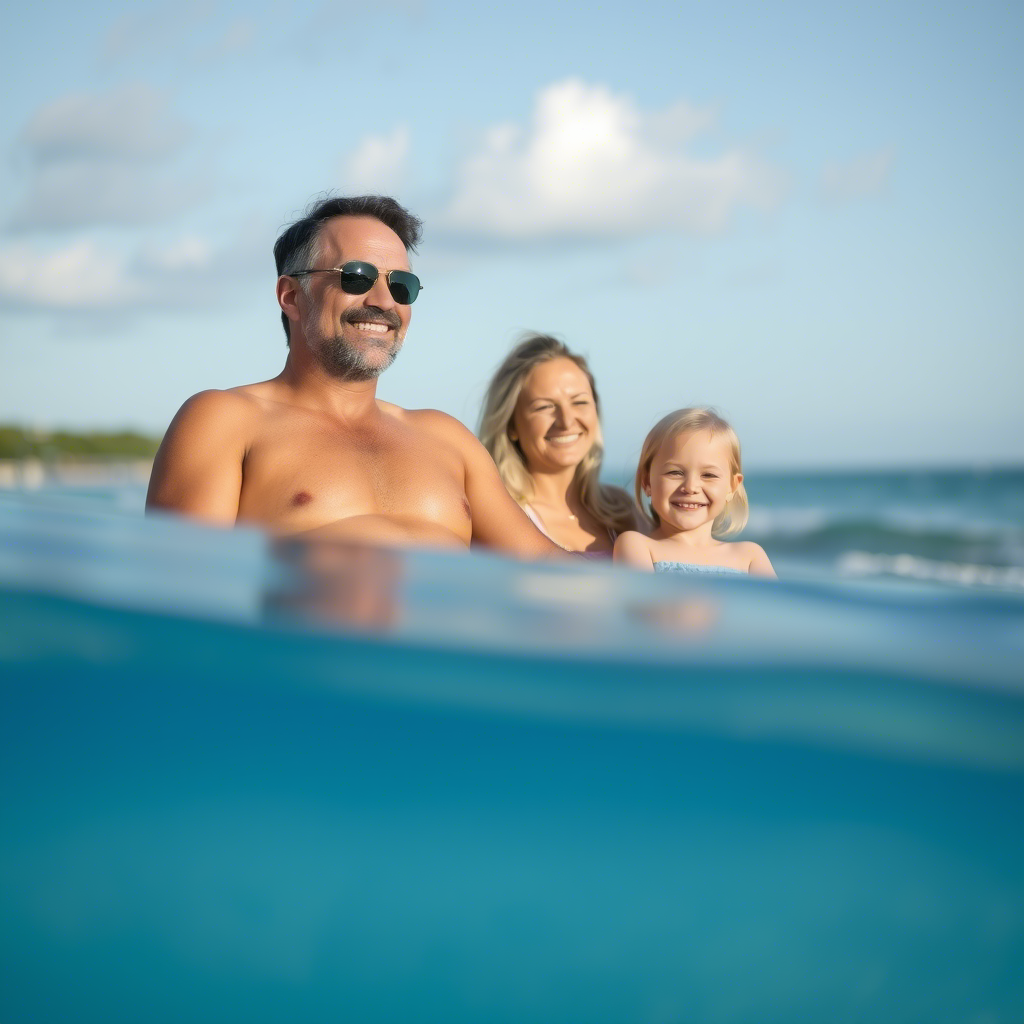 Dad relaxing on a beach with a happy family nearby