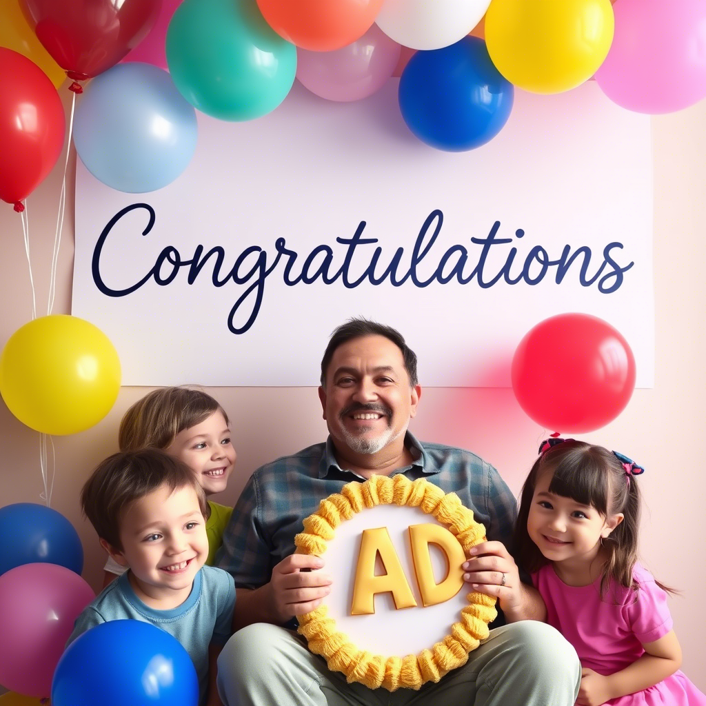 Dad surrounded by kids, colorful balloons, and a giant “Congratulations” sign