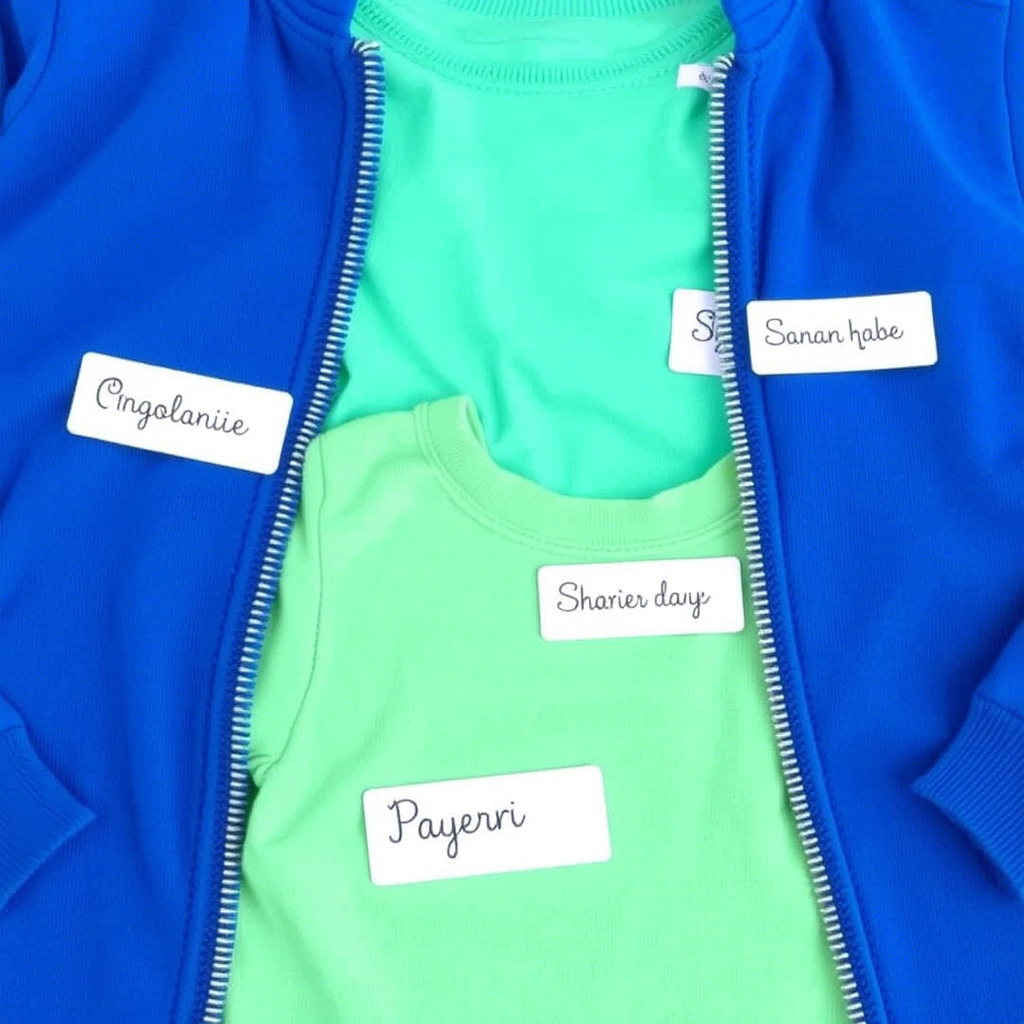 Daycare essentials with personalized name tags on kids’ outfits