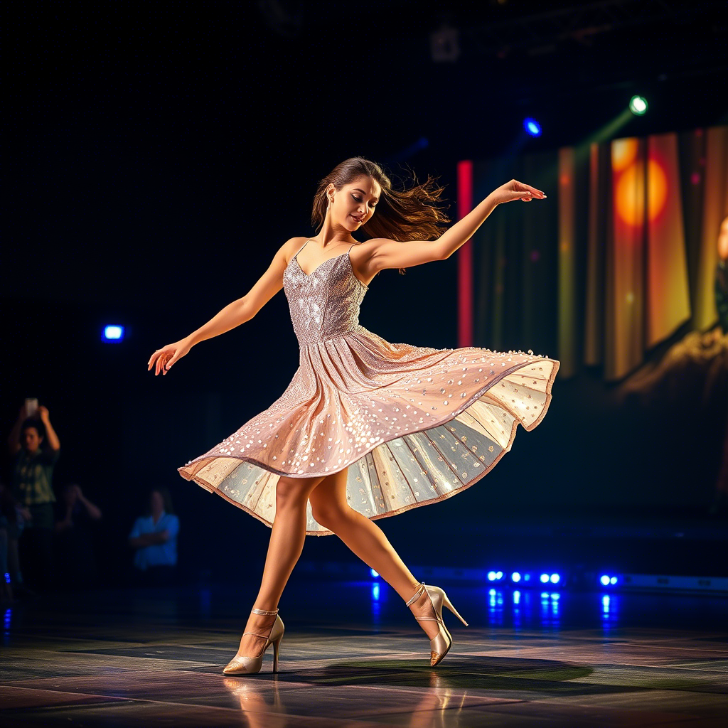 Dazzling solo dancer twirling in shimmering sequin skirt, mesmerizing audience