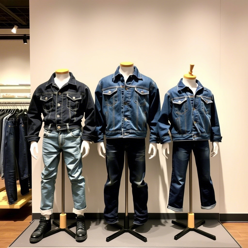 Denim clothing display with kids’ jeans and jackets on mannequins