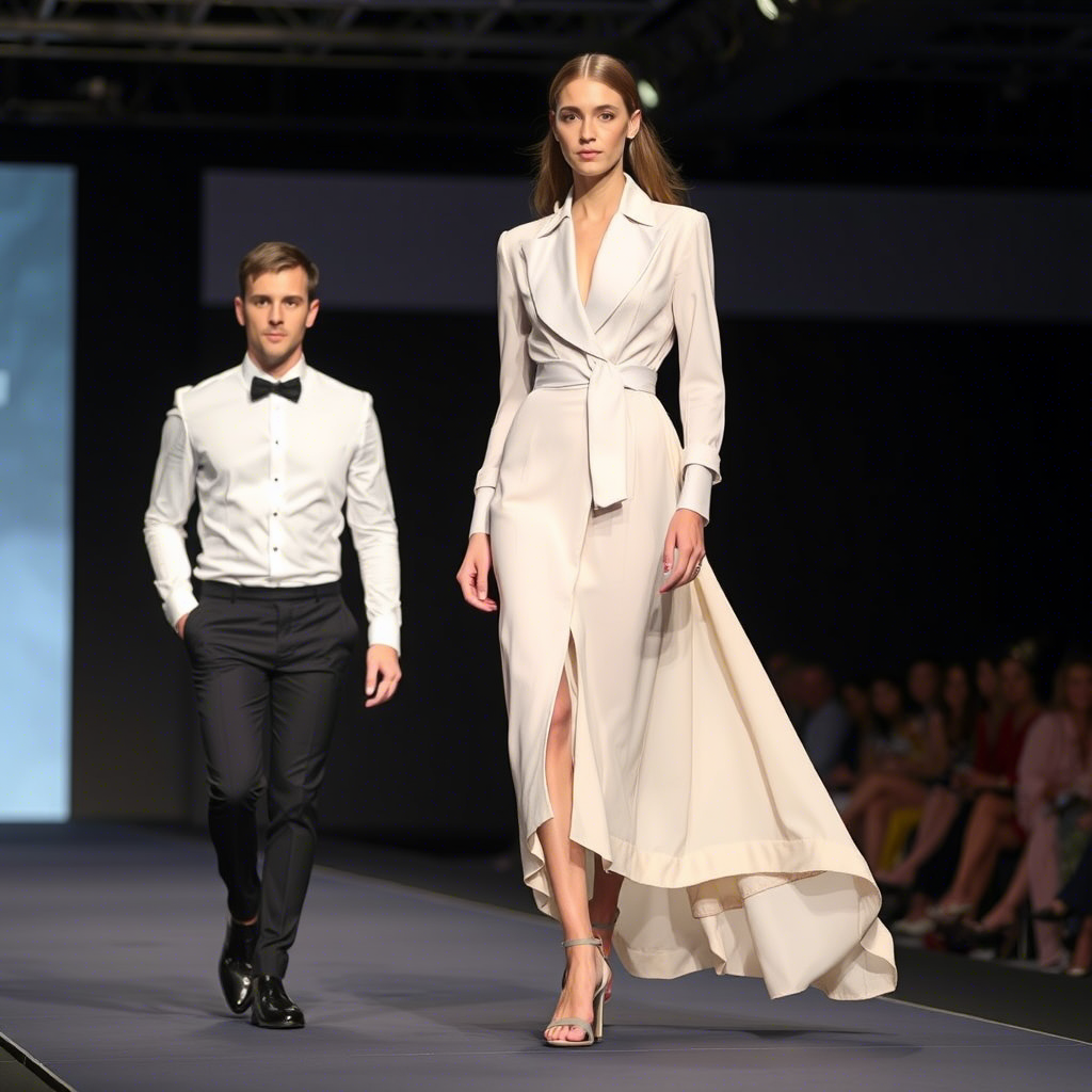 Designer presenting a bespoke clothing collection on a catwalk runway