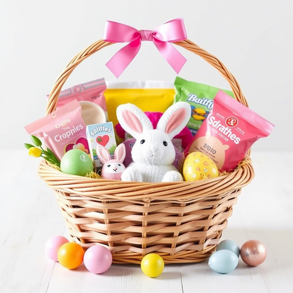 Easter basket filled with colorful treats and toys