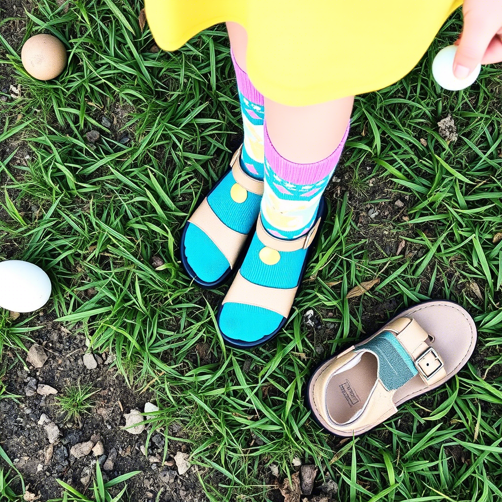 Easter egg hunt outfit with colorful socks and sandals