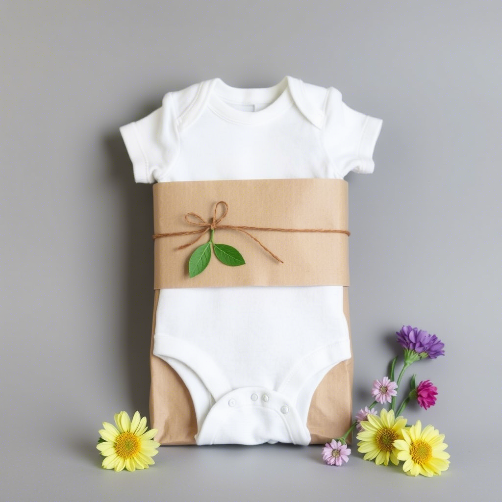 Eco-friendly bamboo onesie packaging with leaves and flowers