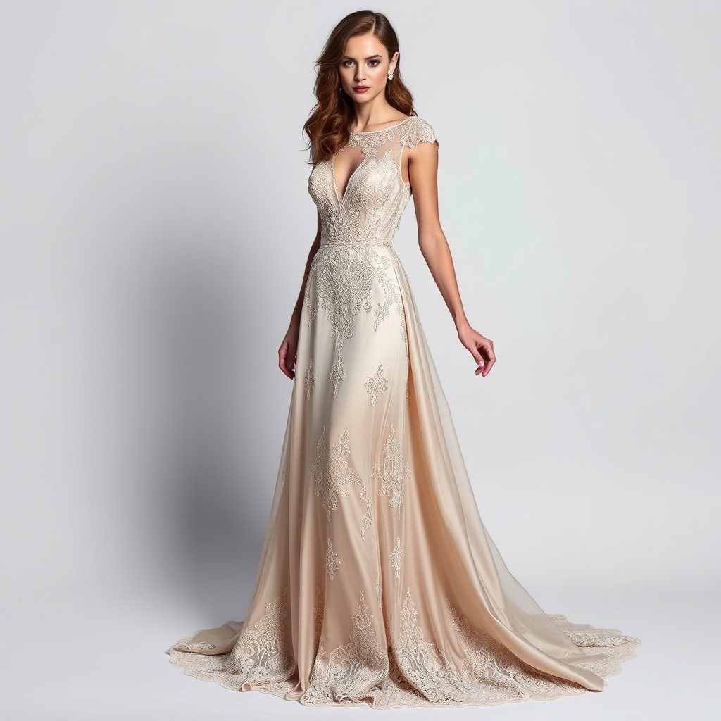 Elegant evening gown with intricate lace details and flowing silk fabric