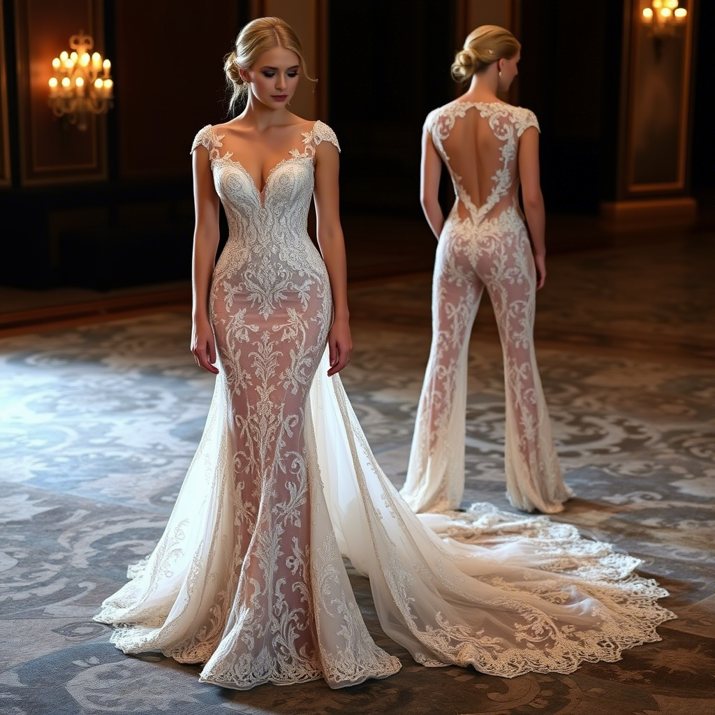 Elegant evening gown with intricate lace details and subtle sparkle