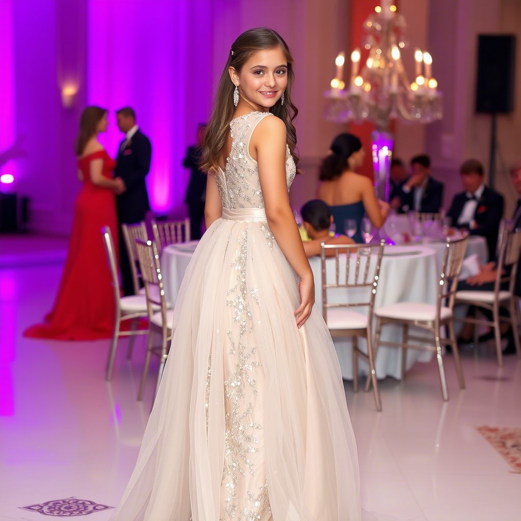Elegant girl in a floor-length sequin gown attending a formal gala