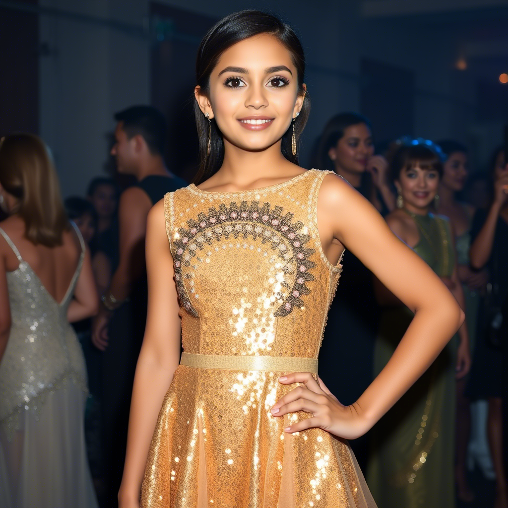 Elegant girl wearing a gold sequin dress at a party