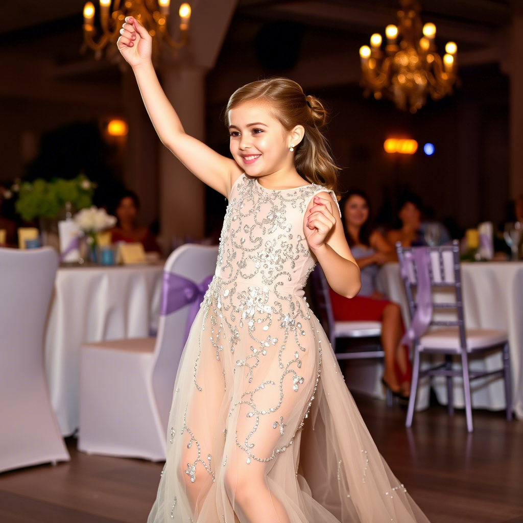 Elegant sequined dress on a girl dancing at a wedding reception