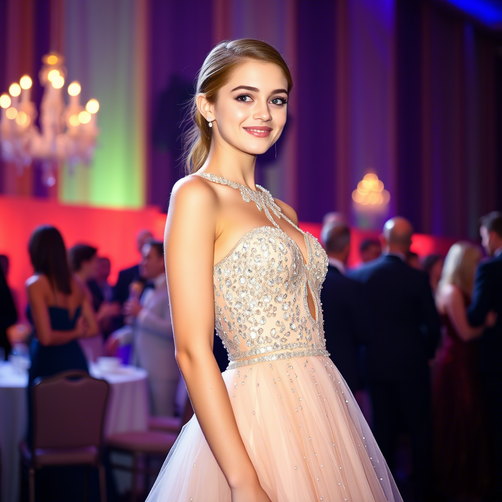 Elegant teenager wearing a sequined gown to a formal gala
