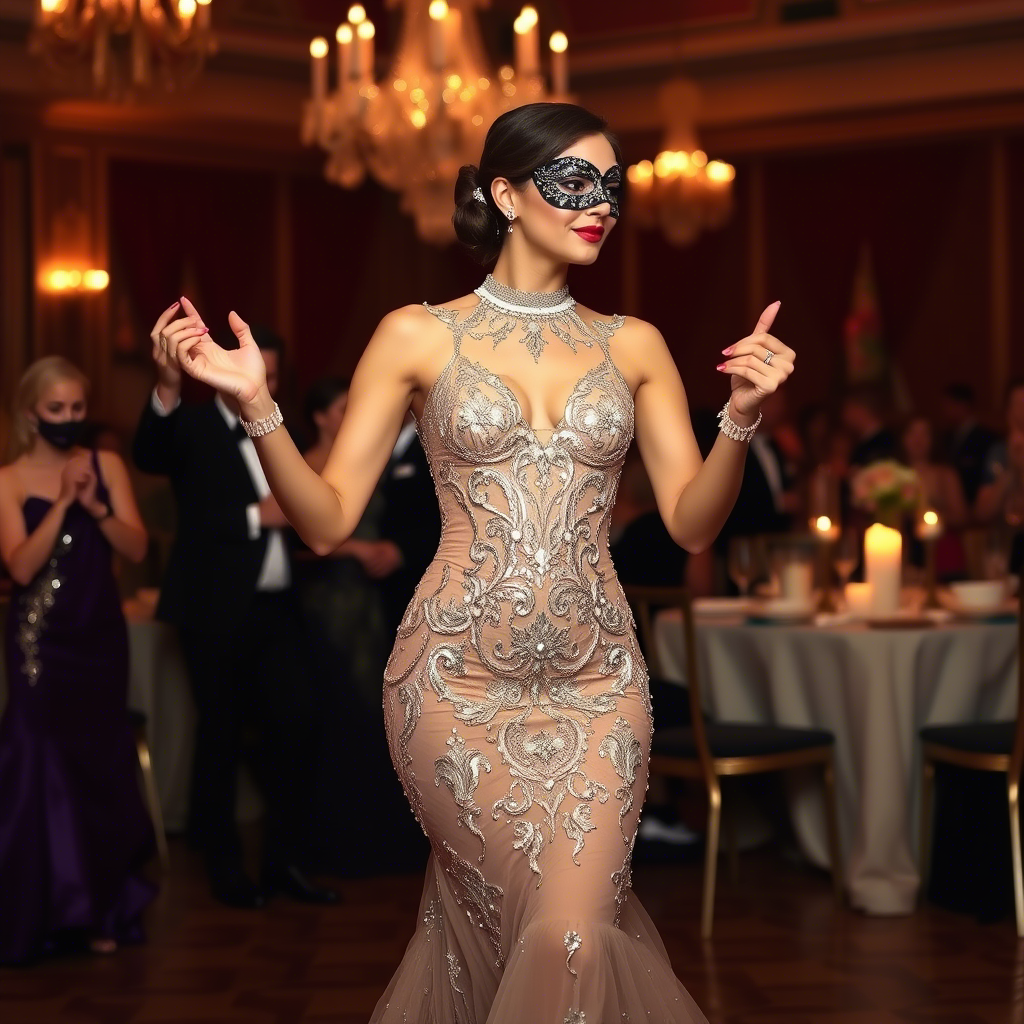 Elegant woman in a beaded evening gown dancing at a luxurious masquerade ball
