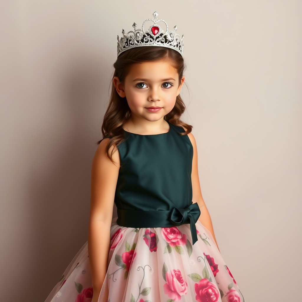 Elegant young girl wearing a floral skirt and tiara