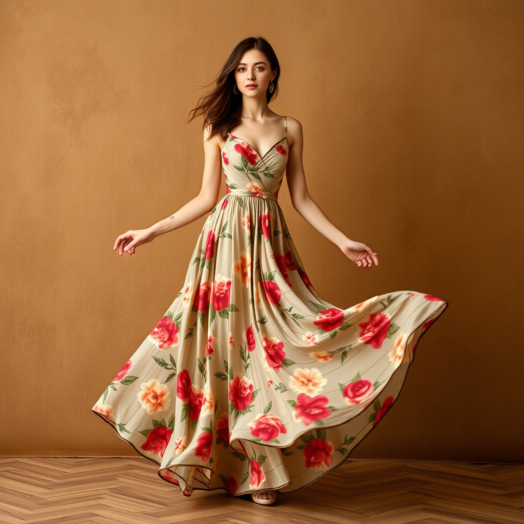 Elegant young woman wearing a flowy floral maxi dress