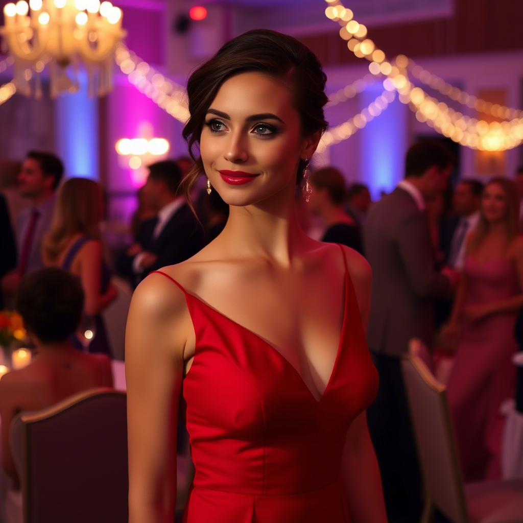 Elegant young woman wearing a red cocktail dress at a wedding reception