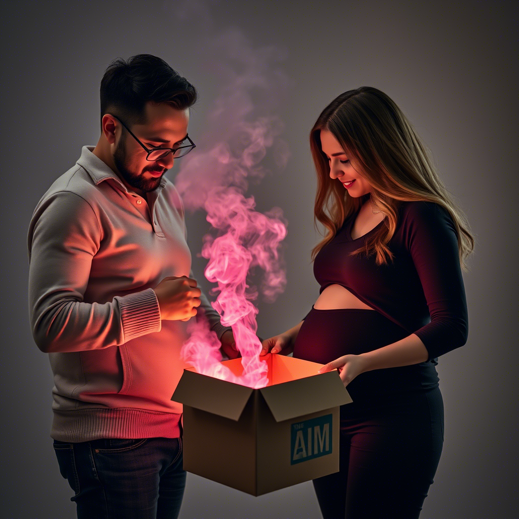 “Expectant parents opening box with pink or blue smoke for surprise”