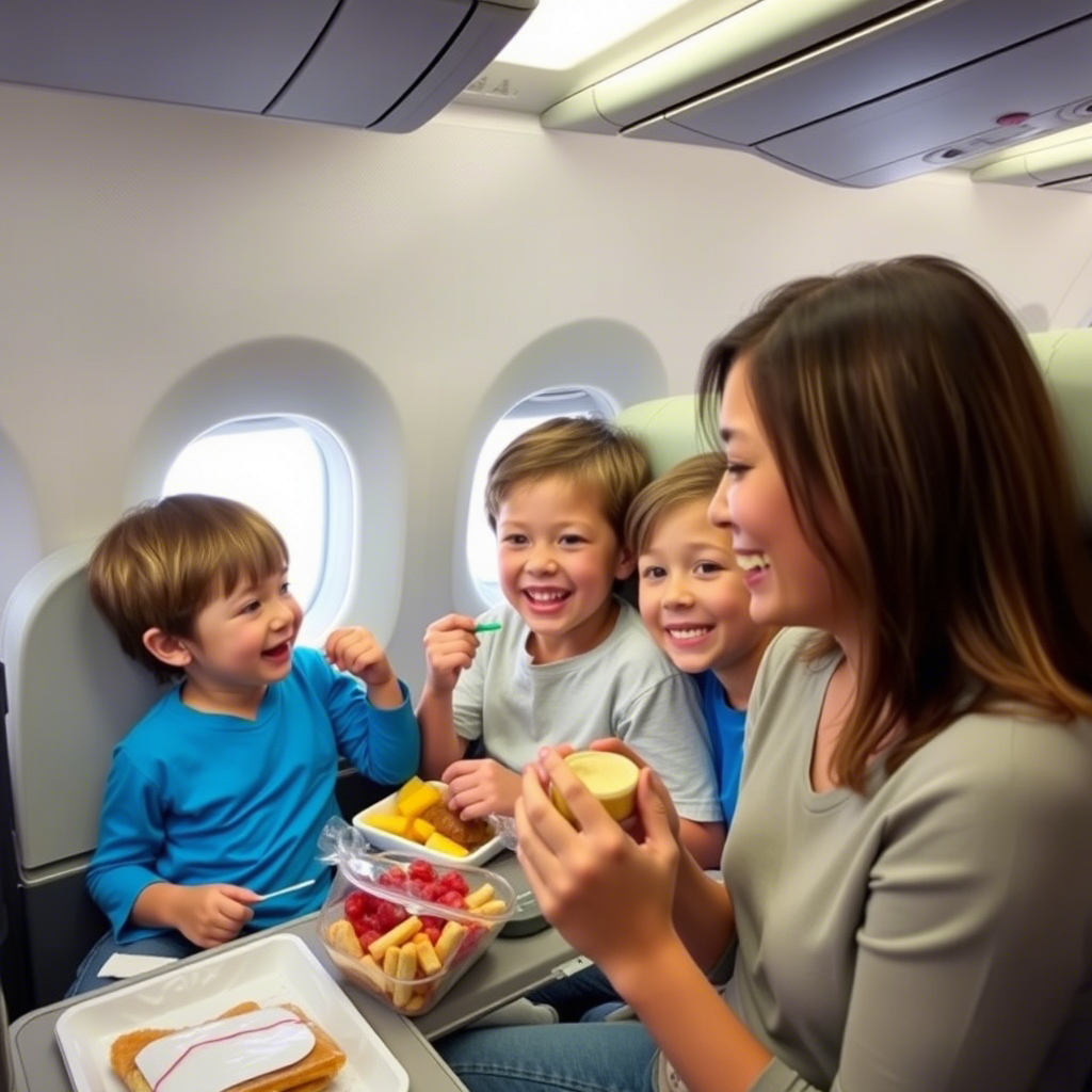 Family enjoying snacks on a plane ride