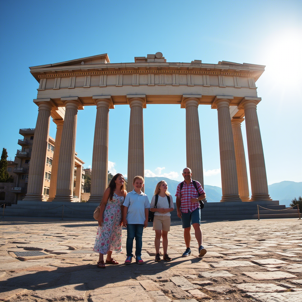 Family exploring European landmarks together under a sunny sky