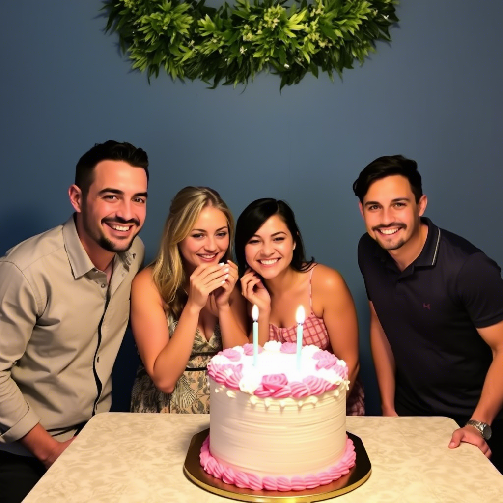 Family gathered around cake with hidden gender surprise