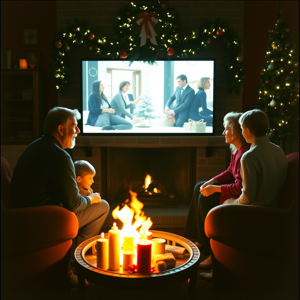 Family gathered around fireplace watching old Christmas film