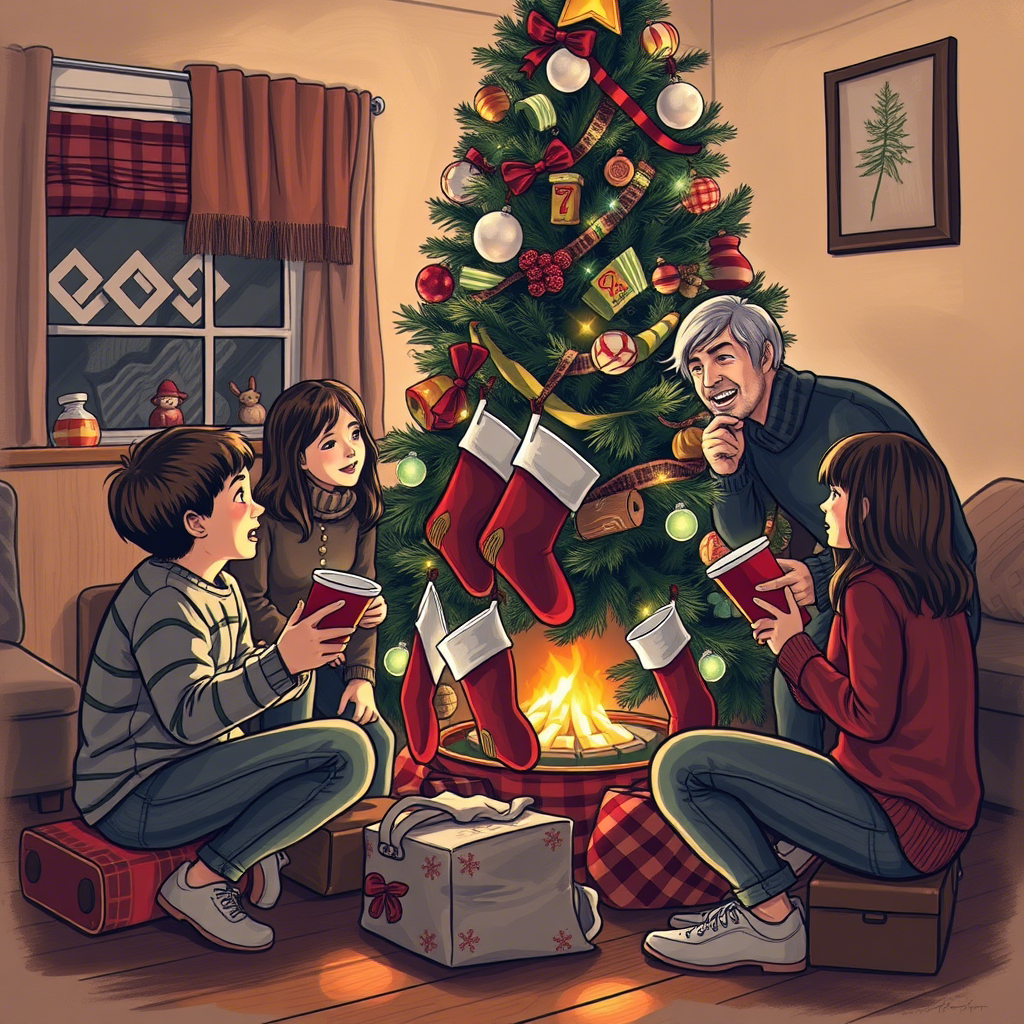 Family gathered around tree, eagerly guessing stocking contents