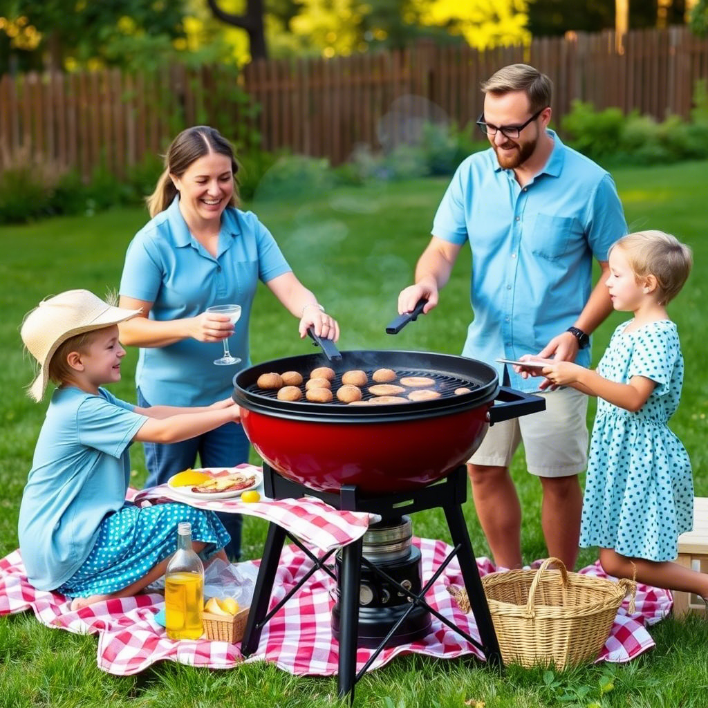 Family having a fun outdoor BBQ picnic on Fathers Day