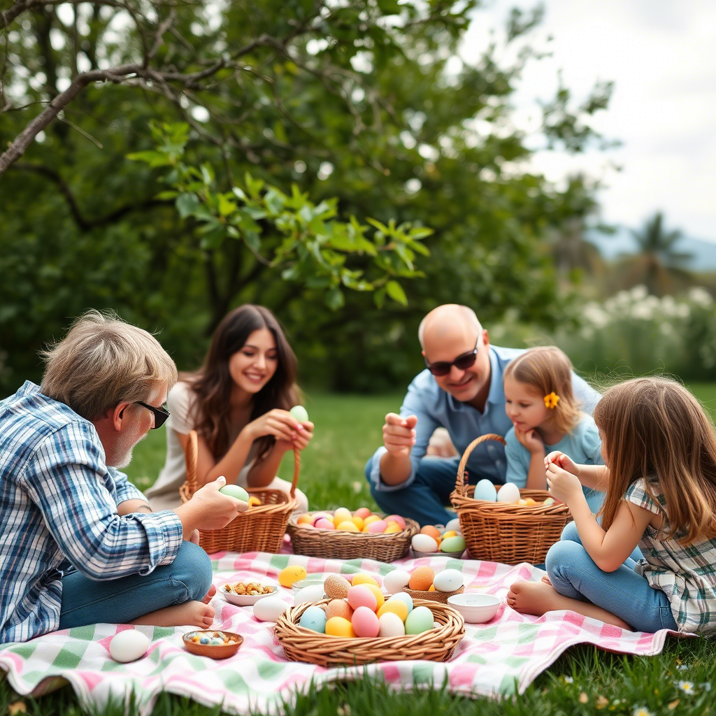 Family having Easter picnic with baskets and eggs outside