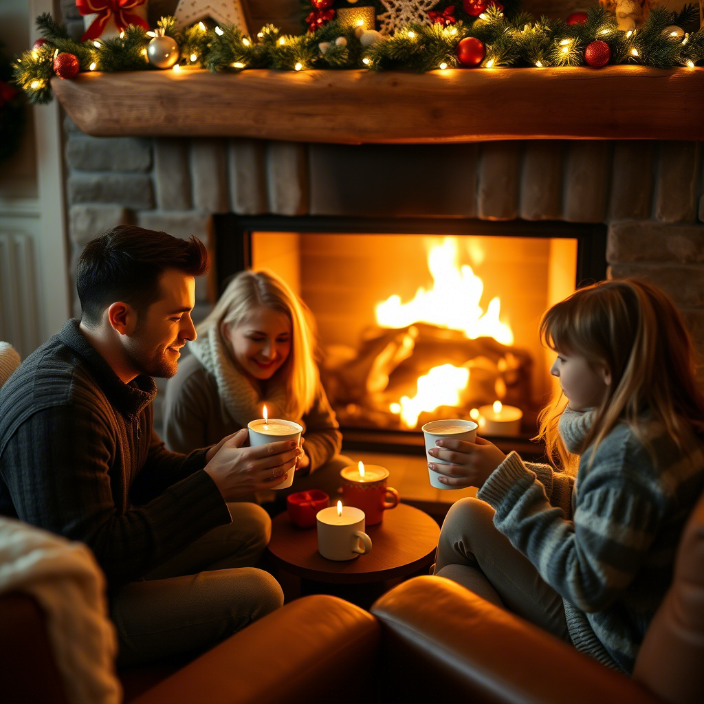 Family having hot chocolate by the fireplace on Christmas Eve