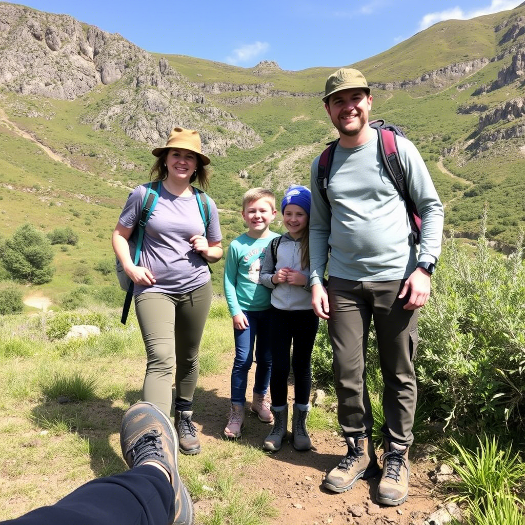 Family hiking trip with comfortable tees and sturdy boots