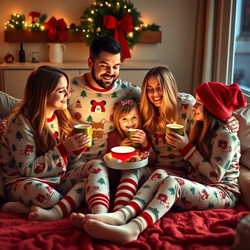 Family in Christmas matching PJs having hot chocolate together
