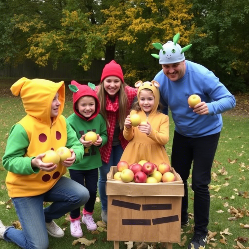 Family in costume playing bobbing apples game together