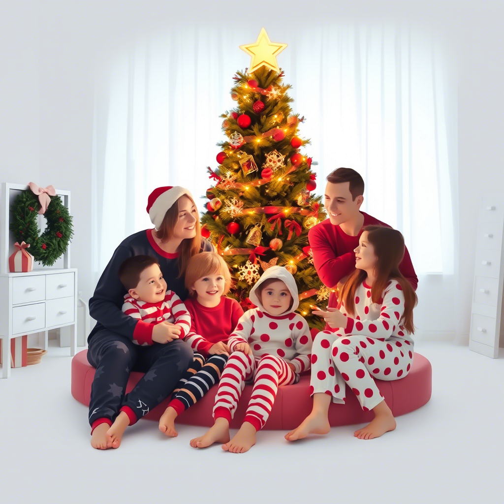 Family in cozy Christmas PJs gathered around the tree
